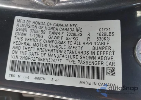 2021 Honda Civic Lx from USA, damaged, VIN 2HGFC2F68MH534777
